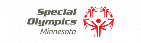 Logo for the Special Olympics Minnesota with the name in black and orange figures holding hands around a globe